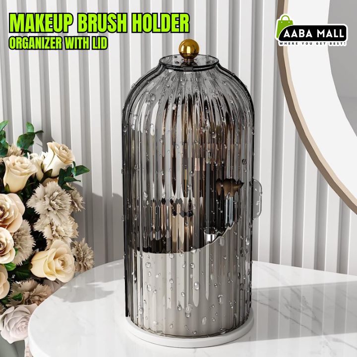 Makeup Brush Holder Organizer with Lid – 360° Rotating Vanity Storage (Gray)