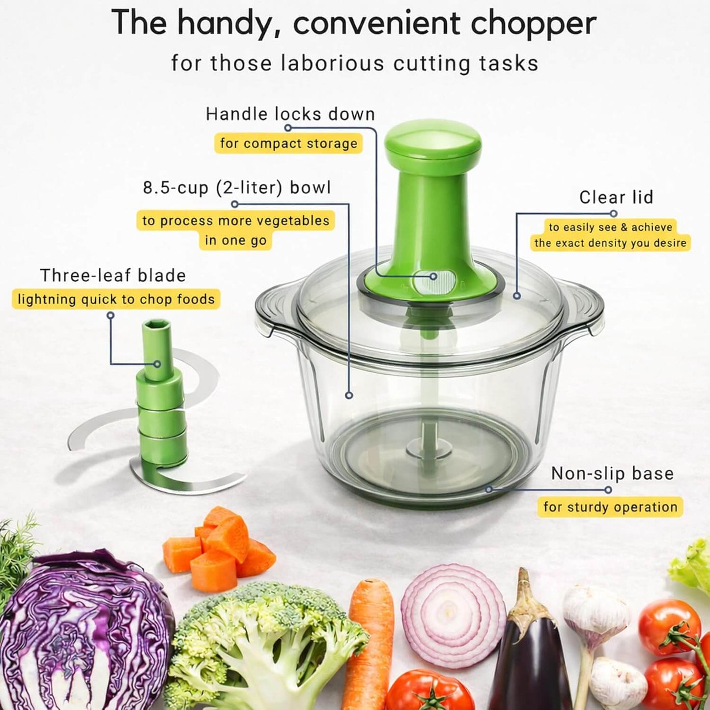 Green kitchen chopper with features highlighted on a white background