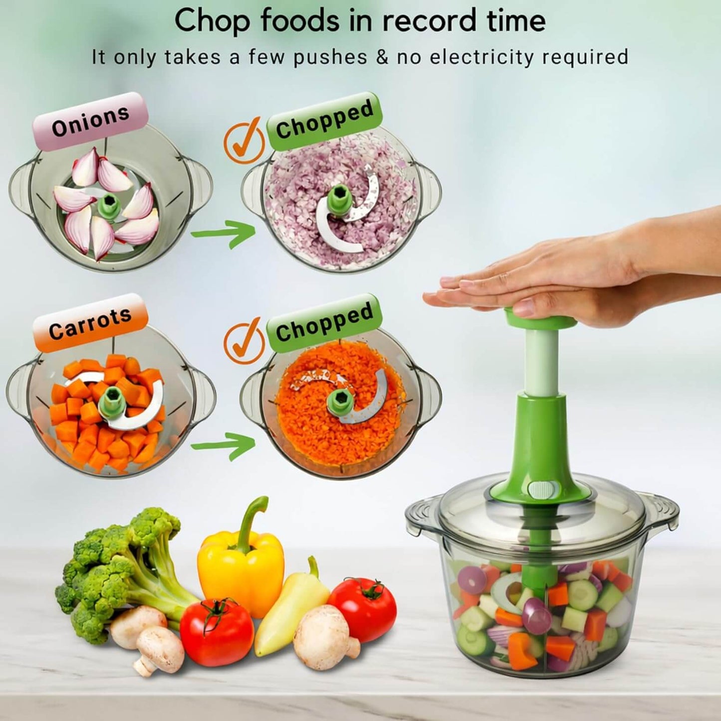 Vegetable chopper with images of chopped onions, carrots, and vegetables on a white background.