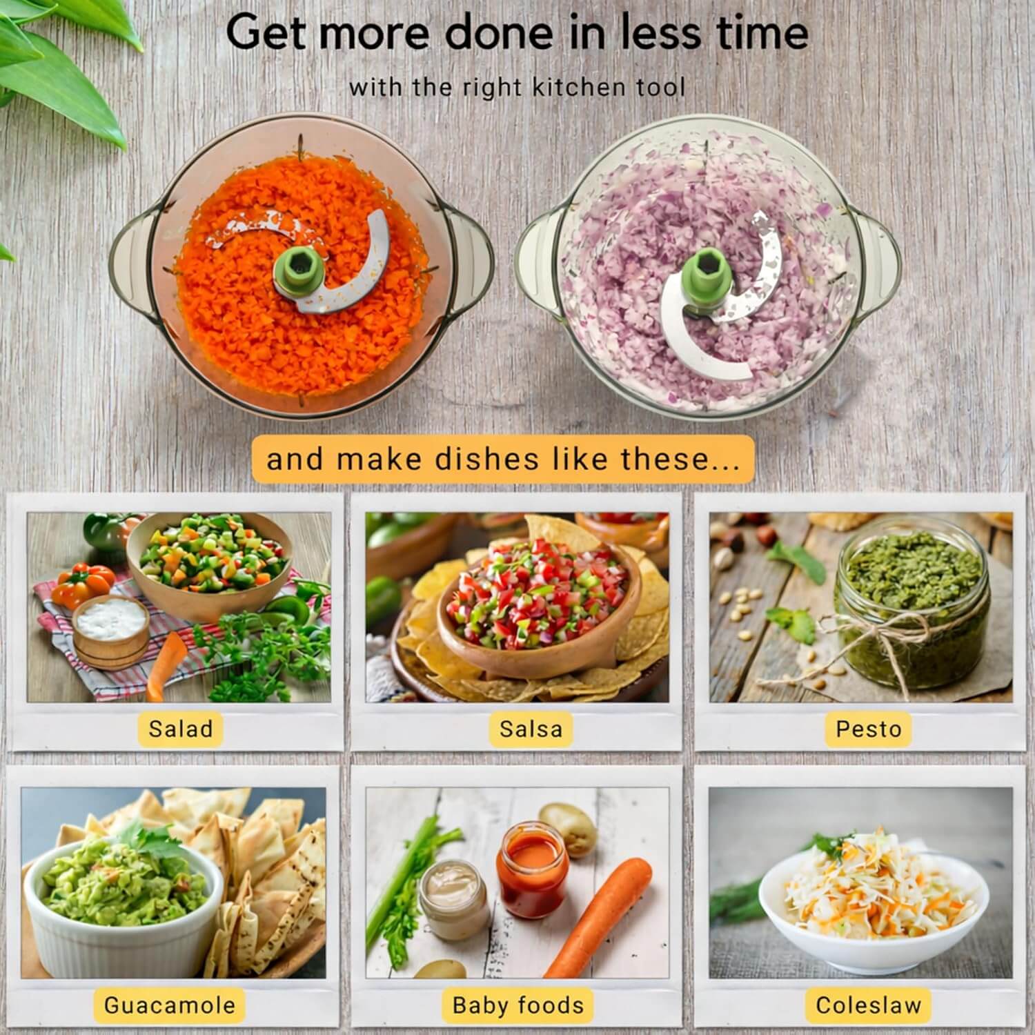 Kitchen tool with chopped vegetables and prepared dishes on a wooden surface.