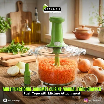Multifunctional gourmet cuisine manual food chopper on a kitchen counter with ingredients.