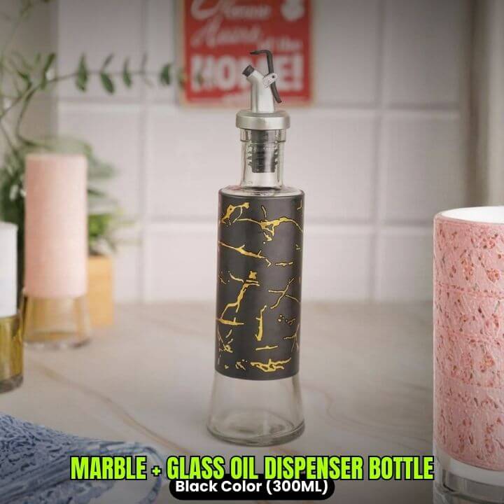 Glass Oil Dispenser Bottle ? Leakproof Oil Container with Stainless Steel & Marble Cover for Kitchen (Oil & Condiment Dispenser)