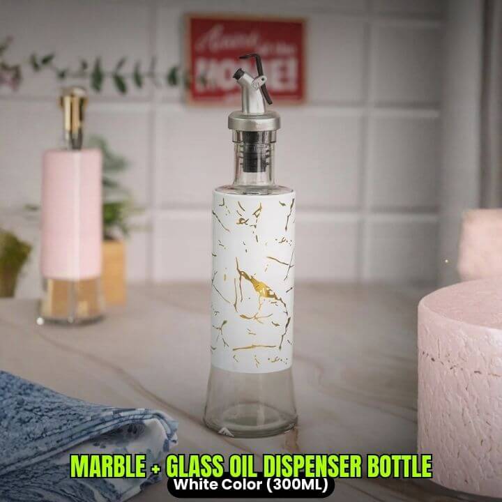 Glass Oil Dispenser Bottle ? Leakproof Oil Container with Stainless Steel & Marble Cover for Kitchen (Oil & Condiment Dispenser)