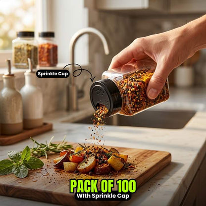 Hand sprinkling spices from a container on a wooden cutting board with kitchen background