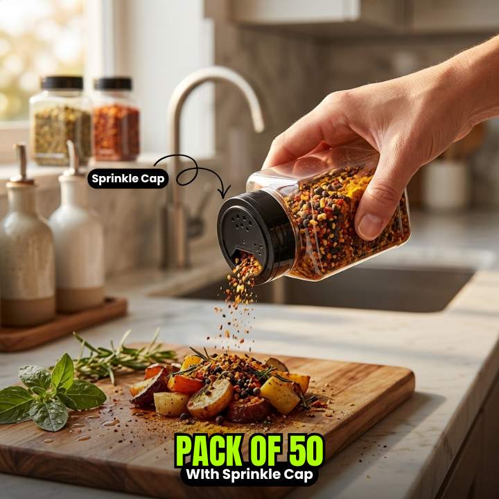 Hand sprinkling spices from a jar with a sprinkle cap onto food on a cutting board in a kitchen.