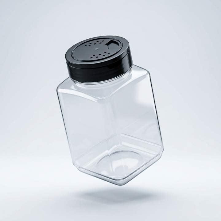 Clear plastic container with a black lid on a light gray background