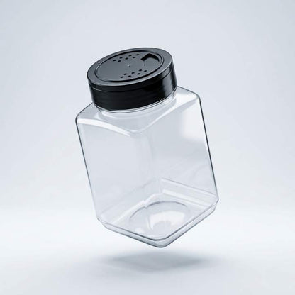 Clear plastic container with a black lid on a light gray background