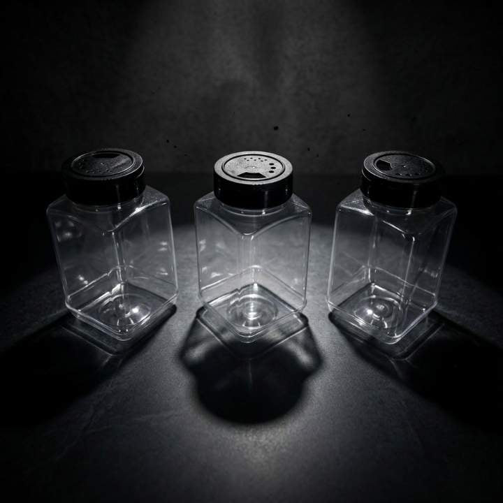 Three clear glass jars with black lids on a dark surface