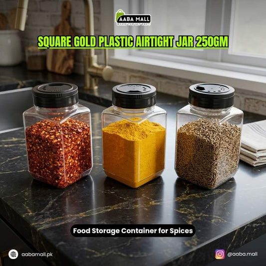 Square Gold Plastic Airtight Jar (250GM) with Sprinkle Cap – Best for Spices
