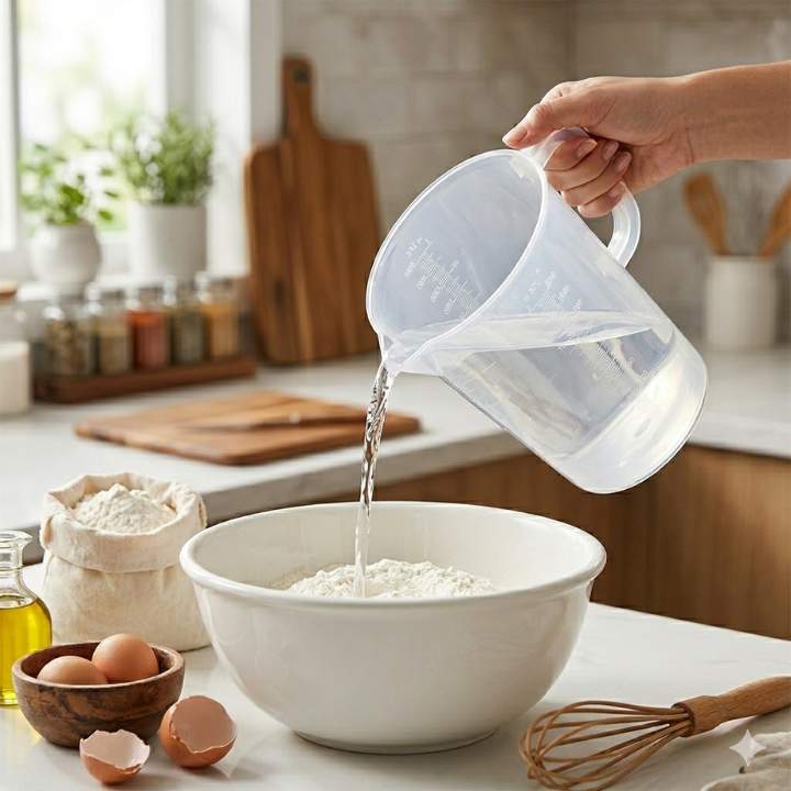 Person pouring liquid from a measuring cup into a bowl of flour on a kitchen counter.