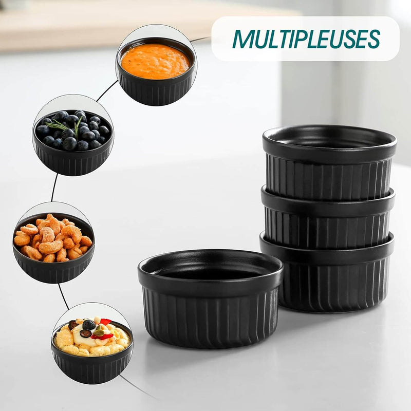 Set of black ramekins with food examples and 'Multipleuses' text on a light background