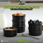 Set of black melamine mini-dip sauce bowls with food on a gray surface, featuring AABA MALL branding.