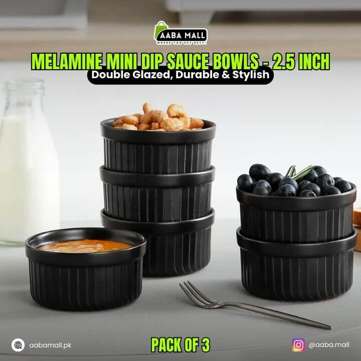 Set of black melamine mini-dip sauce bowls with food on a gray surface, featuring AABA MALL branding.