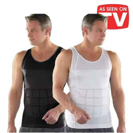 Pack of two men's compression Slim 'N Lift slimming vests, one black and one white, laid flat showing the seamless design and supportive back panel.