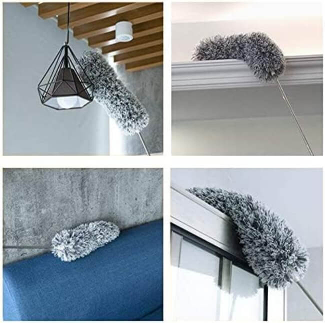 Set of four images showing a cleaning tool being used on different surfaces including a ceiling, window, and floor.