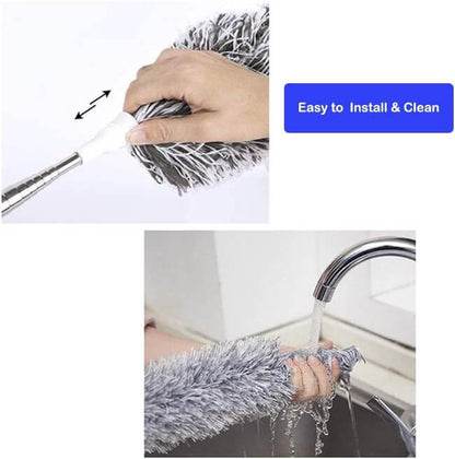 Hand using a duster to clean a surface, with text 'Easy to Install & Clean' and another hand washing the duster under running water.
