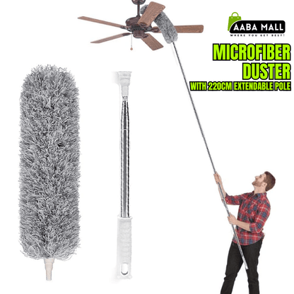 Microfiber duster with extendable pole and man cleaning ceiling fan, Aaba Mall branding visible