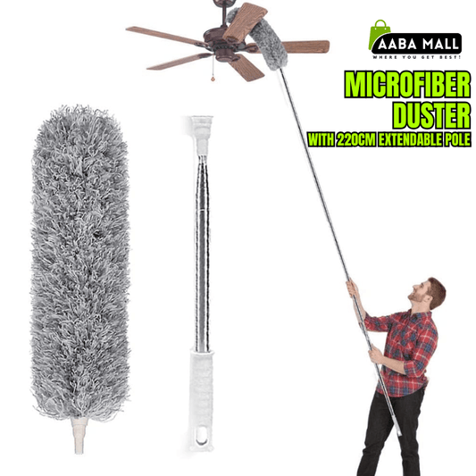 Microfiber duster with extendable pole and man cleaning ceiling fan, Aaba Mall branding visible