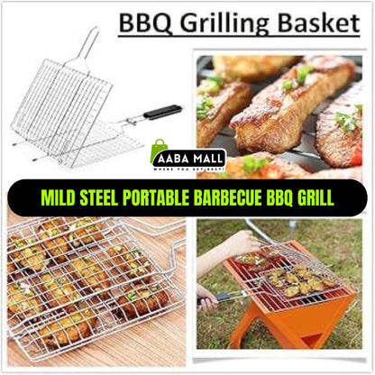 A non-stick metal BBQ grill basket with a long, light-colored wooden handle, shown closed and ready for grilling vegetables or fish.