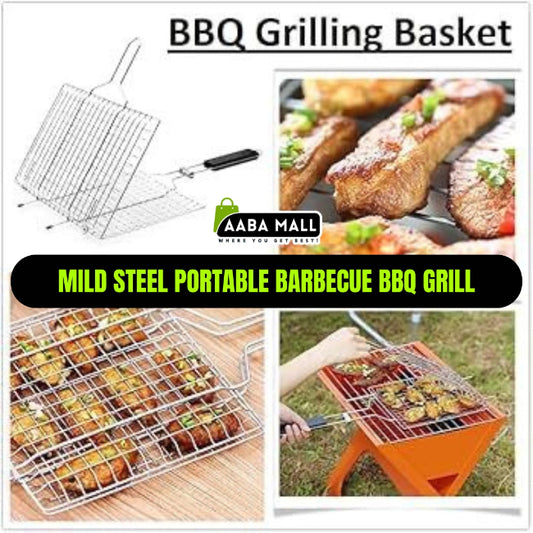 A non-stick metal BBQ grill basket with a long, light-colored wooden handle, shown closed and ready for grilling vegetables or fish.