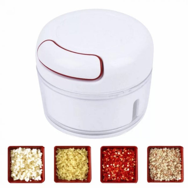 Mini hand manual food chopper and mincer with pull-cord mechanism, showing chopped garlic inside the portable vegetable dicer