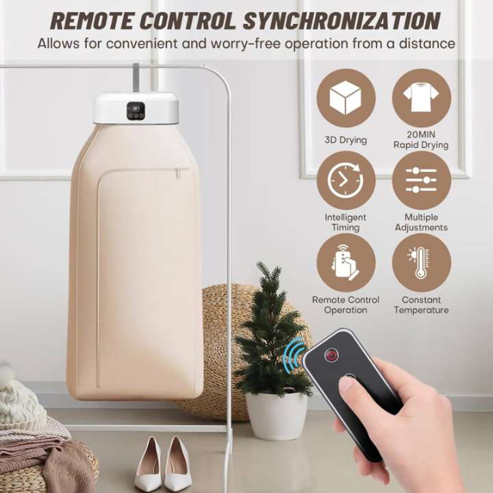 Remote control synchronization for a drying machine with features listed on a wall.