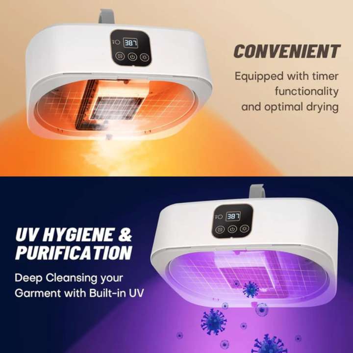 UV sterilizer with digital display on a beige and blue gradient background, highlighting convenience and UV hygiene.