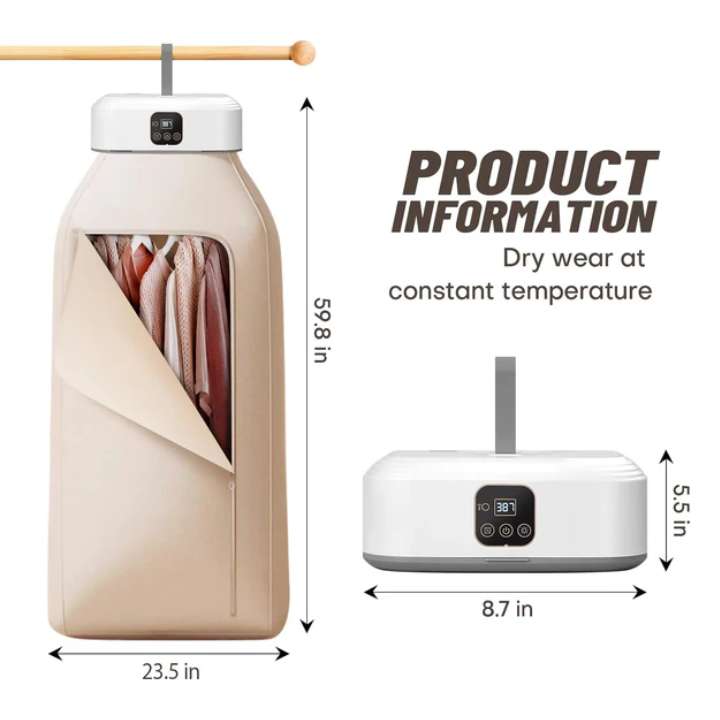 Product information graphic of a garment steamer with dimensions and text on a white background