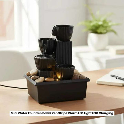 Mini Water Fountain Bowls Zen Stripe Warm 4 LED Light USB Charging | Indoor Tabletop Decor Fountain