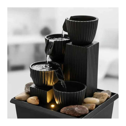 Mini Water Fountain Bowls Zen Stripe Warm 4 LED Light USB Charging | Indoor Tabletop Decor Fountain