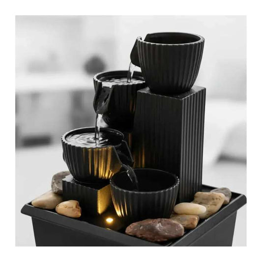 Mini Water Fountain Bowls Zen Stripe Warm 4 LED Light USB Charging | Indoor Tabletop Decor Fountain