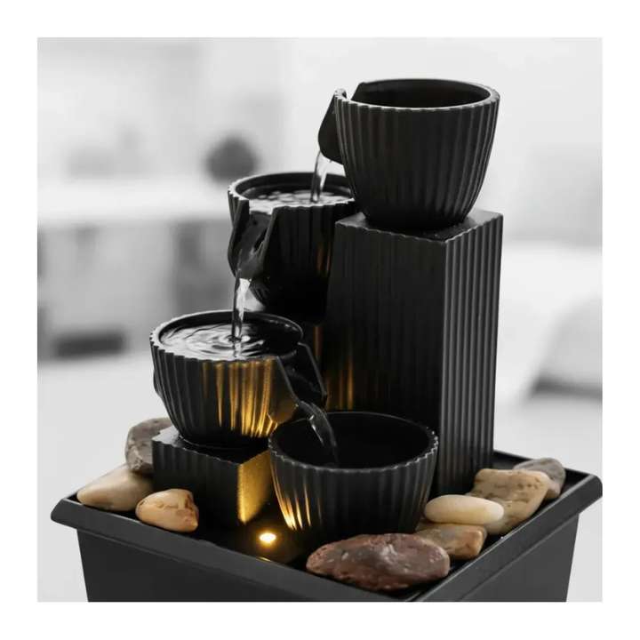 Mini Water Fountain Bowls Zen Stripe Warm 4 LED Light USB Charging | Indoor Tabletop Decor Fountain