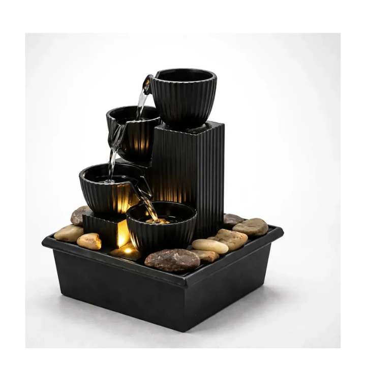 Mini Water Fountain Bowls Zen Stripe Warm 4 LED Light USB Charging | Indoor Tabletop Decor Fountain