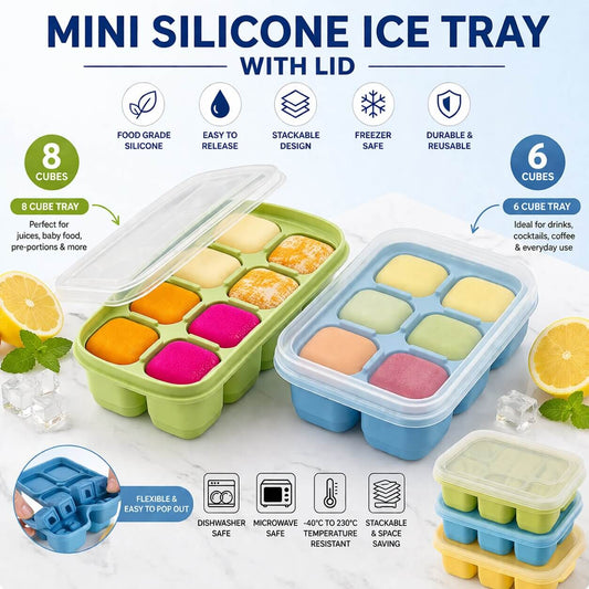 Mini 6 & 8 Grid Ice Cube Square Silicone Tray | Flexible & Reusable with Removable Lid