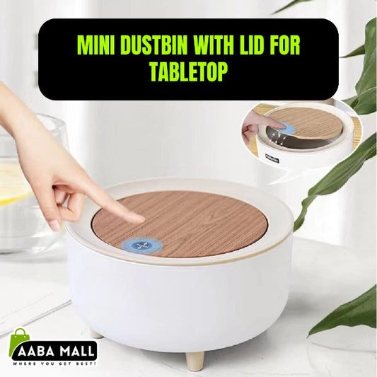 Mini round trash can waste basket with push button lid, compact rubbish bin for office desk, bedroom, and bathroom