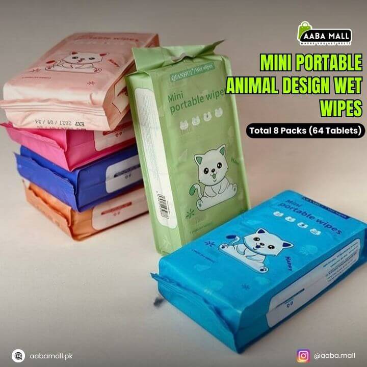 Mini portable animal design wet wipes packaging with colorful designs on a neutral background.