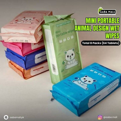 Mini portable animal design wet wipes packaging with colorful designs on a neutral background.
