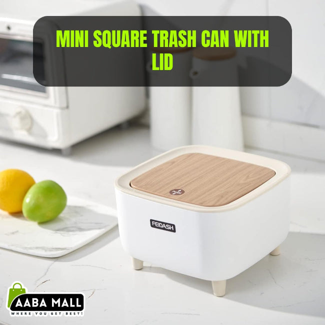 Mini square trash can waste basket with push button lid, compact rubbish bin for office desk, bedroom, and bathroom storage