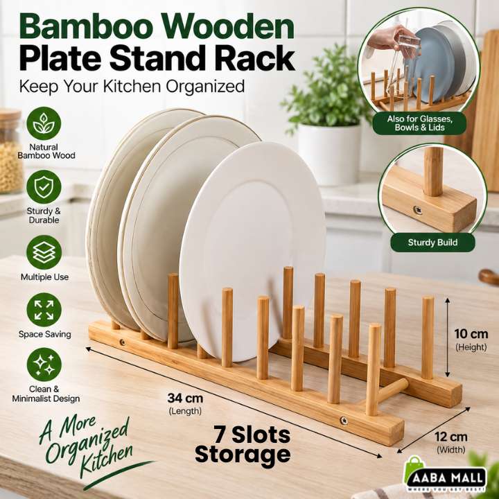 Bamboo wooden plate stand rack on a kitchen counter holding several white plates, with product text, dimensions, and feature icons overlaid. The image includes inset callouts showing use with glasses, bowls, and lids.