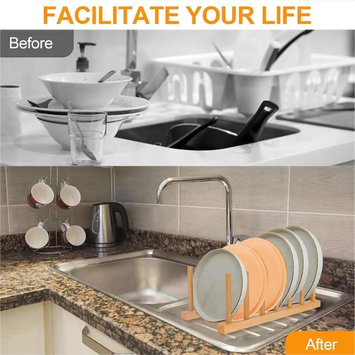 Before-and-after comparison showing a wooden dish rack on a kitchen sink. The top panel is grayscale and labeled 'Before,' showing a cluttered sink with stacked dishes.