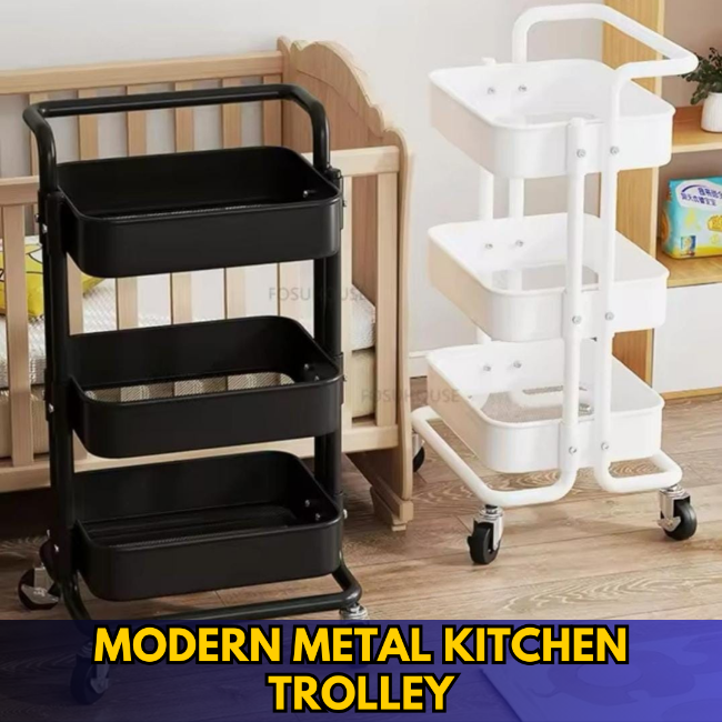 Modern minimalist black metal kitchen trolley with wooden handle, on wheels, holding kitchen accessories and utensils.