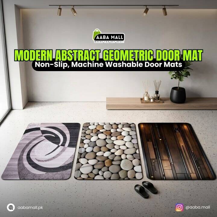 Three modern abstract geometric door mats displayed in a room with 'Aaba Mall' branding.