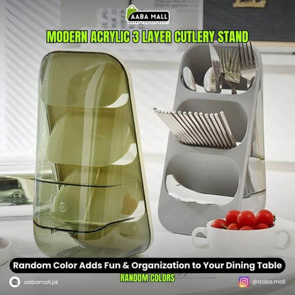 Modern acrylic 3-layer cutlery stand with green and gray options on a kitchen background.