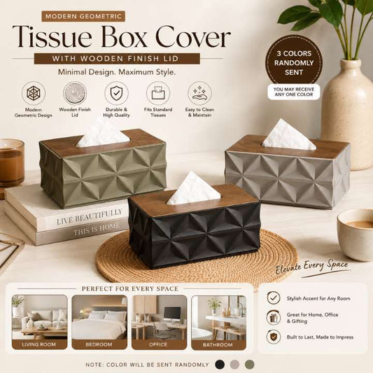 Modern Geometric Tissue Box Cover with Wooden Finish Lid – Stylish Decorative Tissue Holder for Living Room, Bedroom, Office, Bathroom