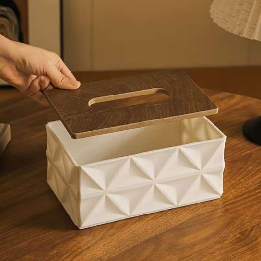 Modern Geometric Tissue Box Cover with Wooden Finish Lid – Stylish Decorative Tissue Holder for Living Room, Bedroom, Office, Bathroom