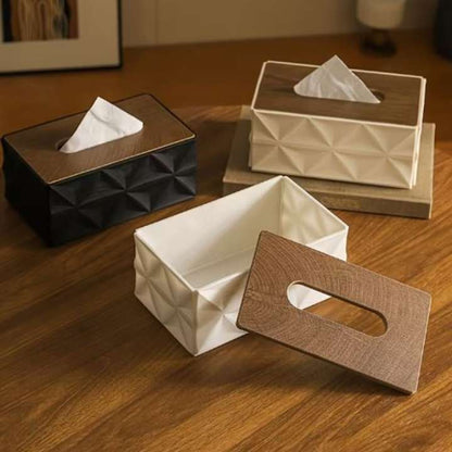 Modern Geometric Tissue Box Cover with Wooden Finish Lid – Stylish Decorative Tissue Holder for Living Room, Bedroom, Office, Bathroom