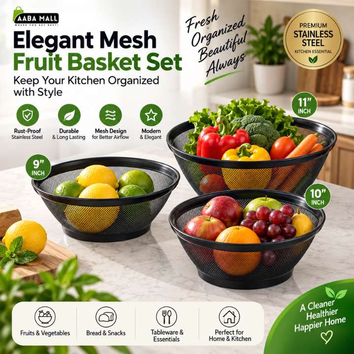 Modern & Elegant Stainless Steel Fruit Basket Set (9, 10 & 11 inch) | Premium Mesh Wire Vegetable Holder | Rust‑Proof Decorative Kitchen Counter Organizer & Tableware Storage Bowl