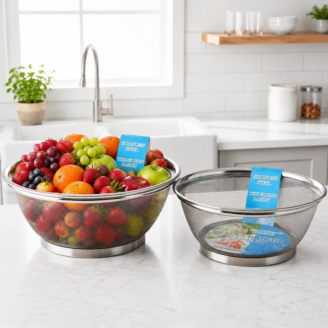 Modern & Elegant Style (Premium Look) Elegant Stainless Steel Fruit Basket | Modern Mesh Wire Vegetable Holder & Kitchen Counter Organizer | Rust-Proof Decorative Tableware Storage Bowl