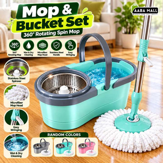 360° rotating spin mop and bucket set with microfiber mop head and stainless steel handle for wet and dry floor cleaning