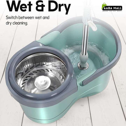 360° rotating spin mop and bucket set with microfiber mop head and stainless steel handle for wet and dry floor cleaning
